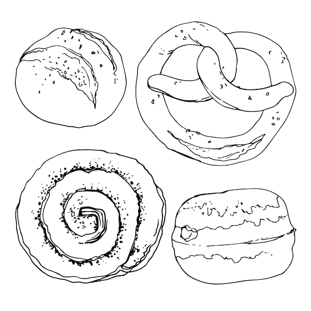 Pretzels. kaneelbroodje. donut. bakken geschilderde lijnen op een witte achtergrond. een schets van eten. tekening