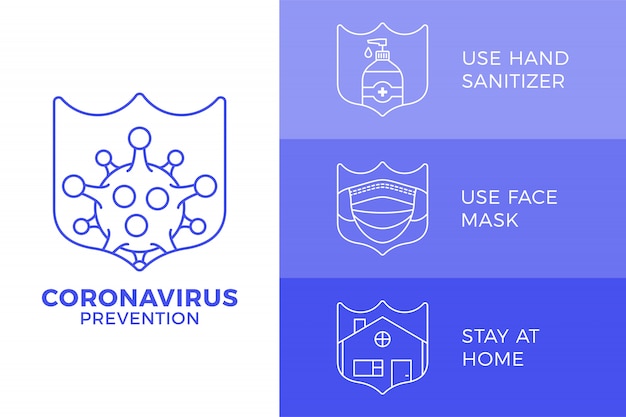 Preventie van COVID-19 alles in één pictogram posterillustratie. Coronavirus bescherming flyer met overzicht pictogramserie. Blijf thuis, gebruik een gezichtsmasker, gebruik een handdesinfecterend middel