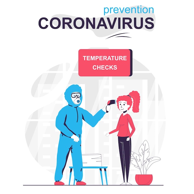 Prevenzione concetto di fumetto isolato coronavirus il medico in tuta controlla la temperatura della donna