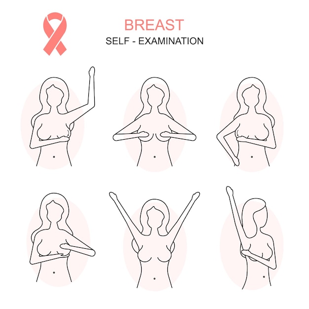ベクトル 乳がんの予防 薄い線のコンセプトカード ポスター 自己検査 診断 女性の健康管理 ベクターイラスト
