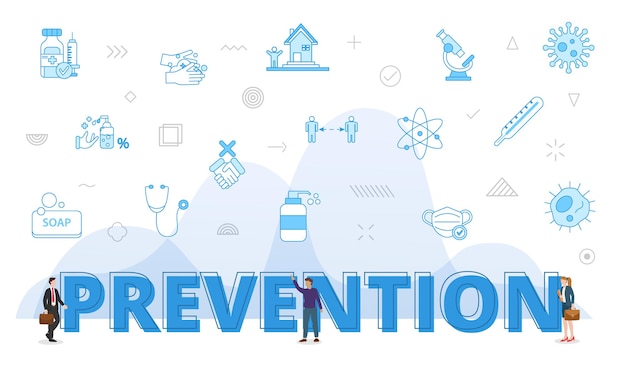 Prevention virus spread concept with big words and people surrounded by related icon with blue color style