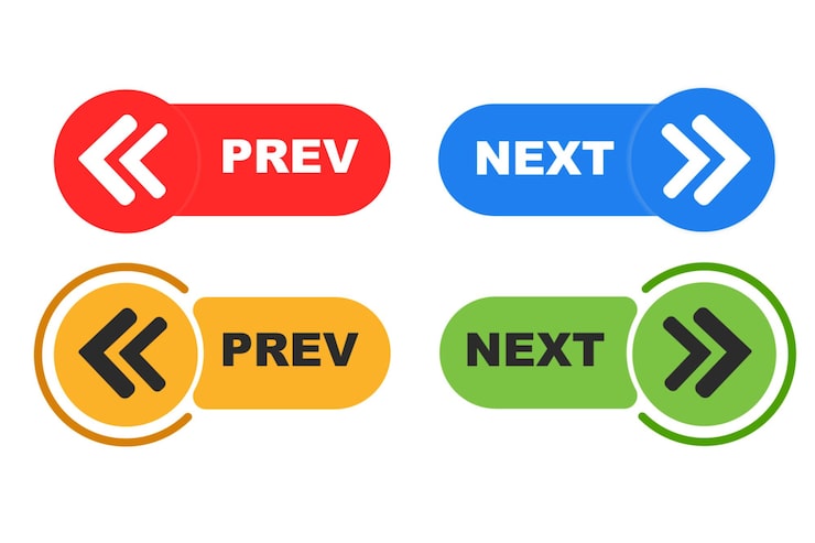 Vector previous and next button set prev next buttons arrow left right arrow icon back and next buttons suitable for apps and websites ui web buttons next and previous arrow signs navigation buttons