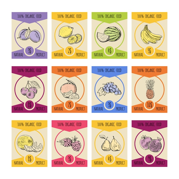 Price cards with different fruits illustrations in hand drawn style. farmer pictures