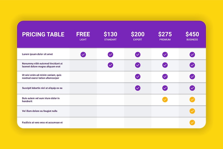 Price chart Tariffs comparison Commercial service Layout with columns and grid Comparing infographic of product plans Subscription costs option Vector spreadsheet design template