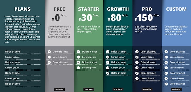 Vector price comparison table for five products services with description and icons paper fold design