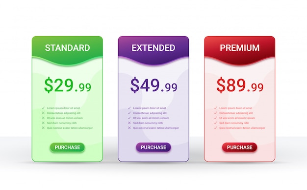 Vector price comparison table layout template for three products,