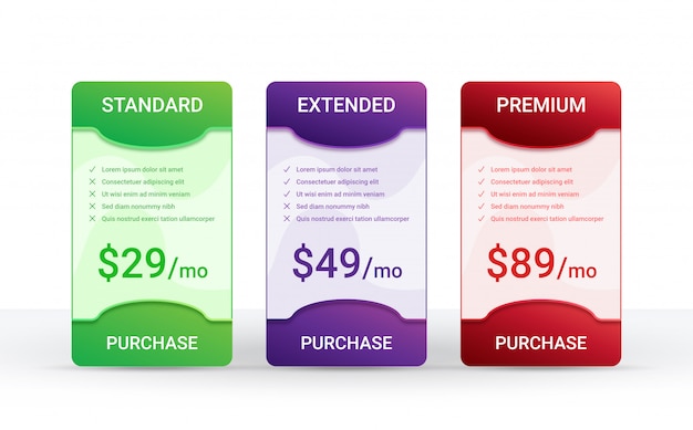 Vector price comparison table layout template for three products,