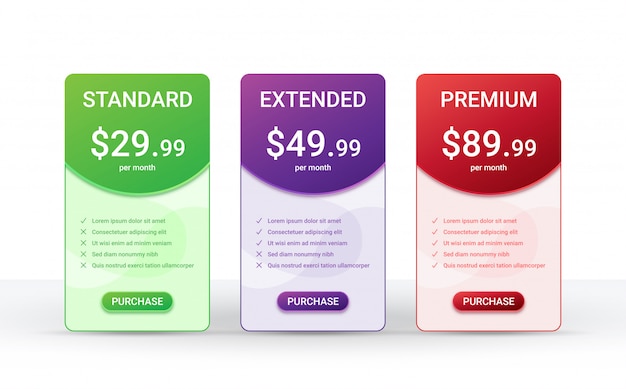 Vector price comparison table layout template for three products,