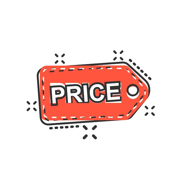 Price coupon icon in comic style Price tag vector cartoon illustration on white isolated background Sale sticker business concept splash effect