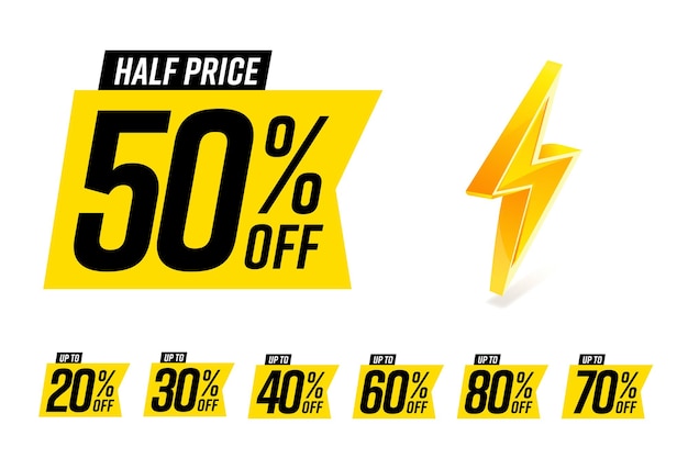 Price discount tag design set and lightning sign