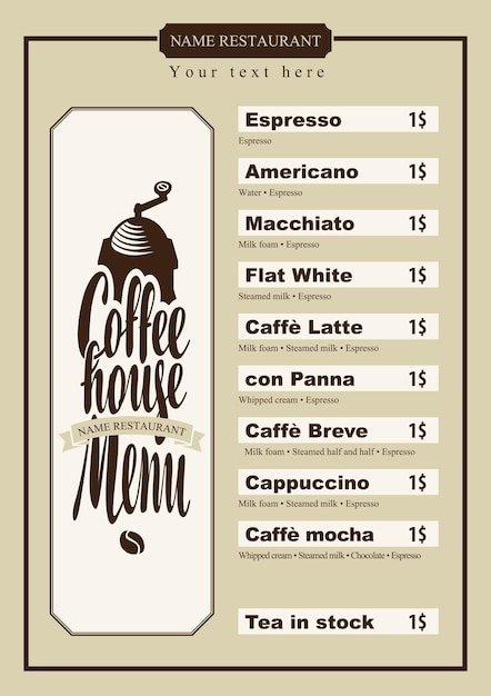 price list for coffee house