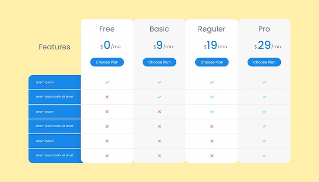 Vector price list comparison table