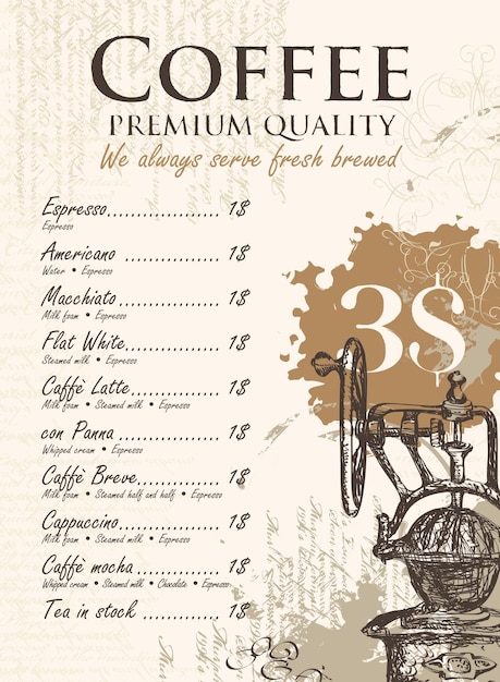 Menu listino prezzi per caffetteria