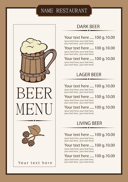 price list menu for pub