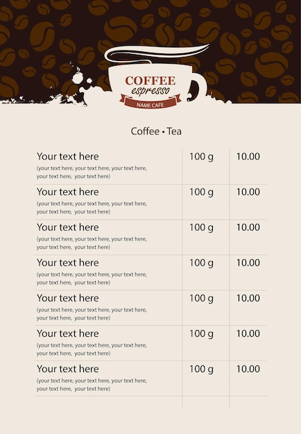 price list menu with coffee beans