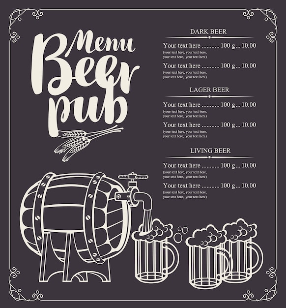 price menu for a pub with a barrel and glasses