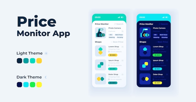 価格モニターアプリ漫画スマートフォンインターフェイステンプレートセット。モバイルアプリの画面ページの昼間モードと夜間モード。アプリケーションの価格比較ui。イラスト付き電話ディスプレイ
