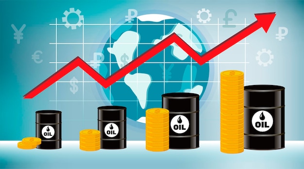 The price of oil is rising Barrels of oil money and infographics globe and world currencies