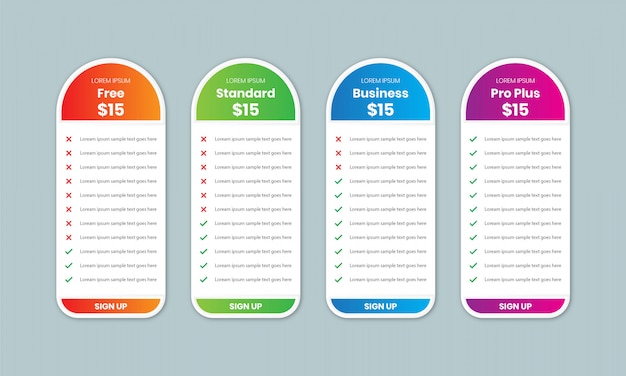 4 열이있는 가격표 비교 템플릿, 비즈니스 용 가격표 디자인, 차트 계획 색상 템플릿