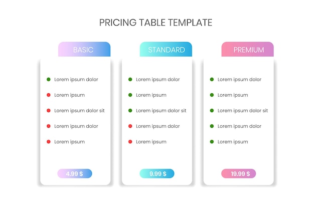 Vettore modello di tabella dei prezzi, piani tariffari web colorati