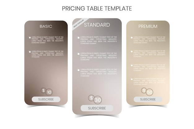 Modello di tabella dei prezzi, piani tariffari gradient web