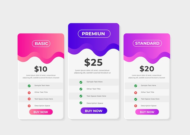 Vector price table template with three plan type