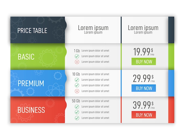 Vector price table for websites and applications. vector business chart template