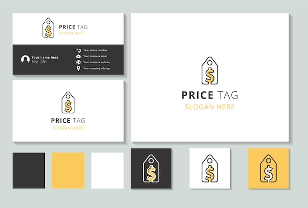 Дизайн логотипа ценника с редактируемым слоганом. Шаблон визитной карточки и брендинговой книги.