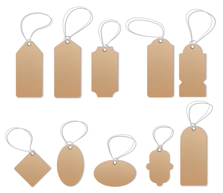 Vector price tags empty labels sale tags and labels empty style stickers brown paper and brown kraft realistic material  realistic mocap detailed thread cardboard texture