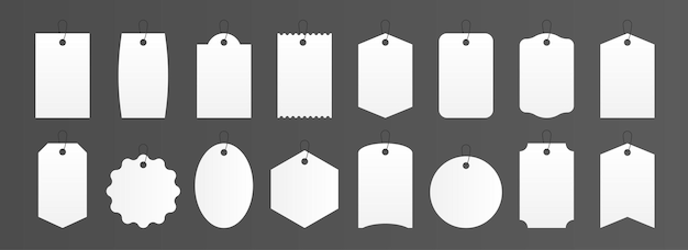 Etichette del prezzo. etichette realistiche per scatole regalo quadrate e rotonde, mockup adesivo bianco vuoto per bagagli. etichetta del prodotto di carta illustrazione vettoriale per negozio in diverse forme, set isolato