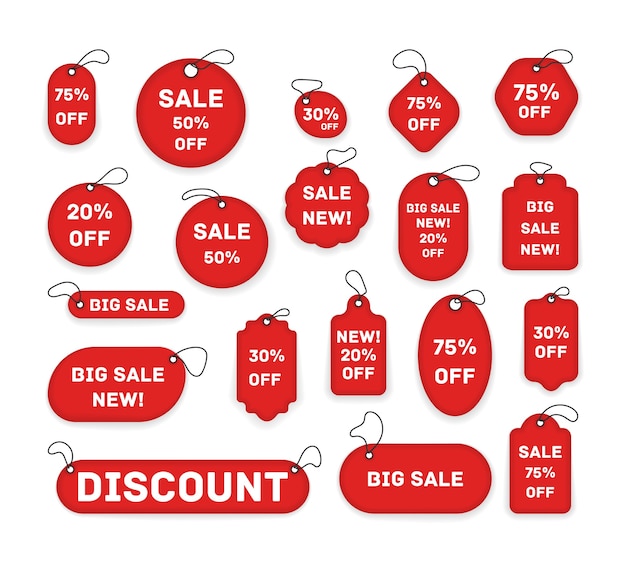 Price tags, red ribbon banners. stickers for tags, labels sale posters and banners sticker icons templates. realistic discount, best choice price.