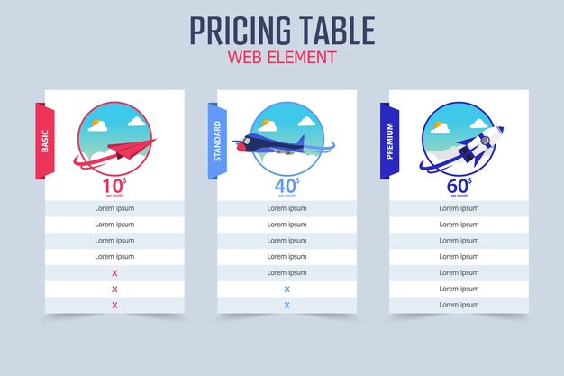 가격표 3 다른 비행기 벡터 템플릿 디자인