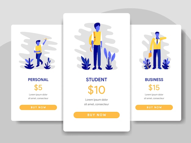 Pricing Table Comparison with Student and Businessman Concept