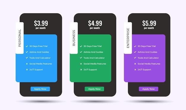 Vector pricing table design template for websites, pricing table design, hosting table banner