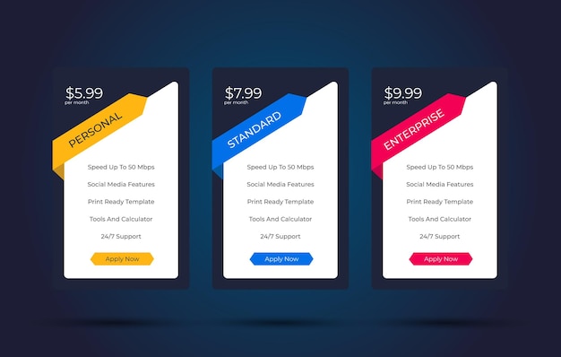 Vector pricing table design template for websites pricing table design hosting table banner