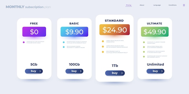 Pricing table monthly subscription comparison table infographic template with checklist of features vector web application presentation