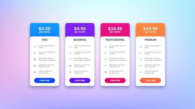 Vector pricing table plans for website and application