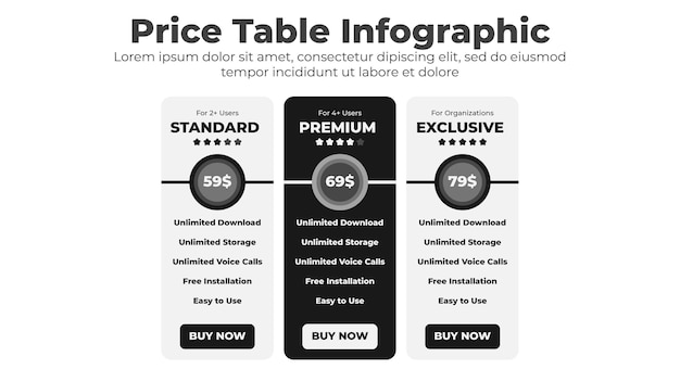 Vector pricing table template for business and website