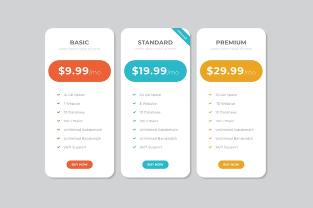 Vector pricing table template vector design