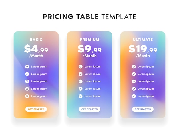 Vector pricing table template with bright gradient color and 3 choices for website