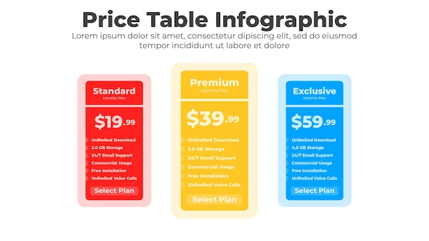 Vector pricing table with comparison column for business and website interface design