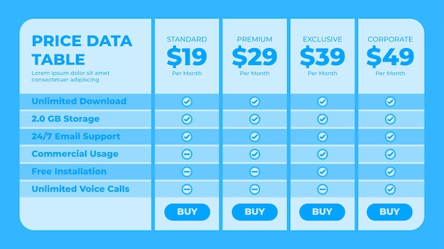 Pricing table with comparison column for business and website interface design