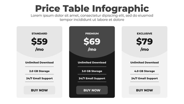 Pricing table with comparison column for business and website interface design