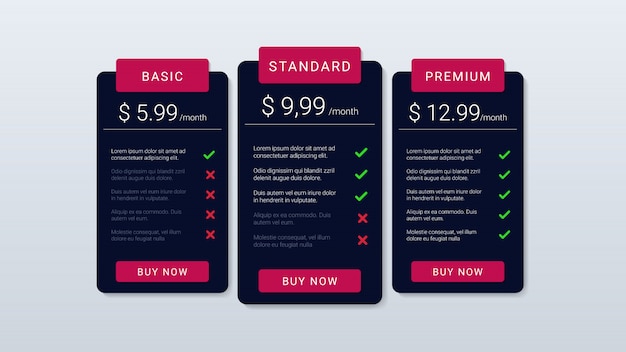 Vector pricing table with dark colour