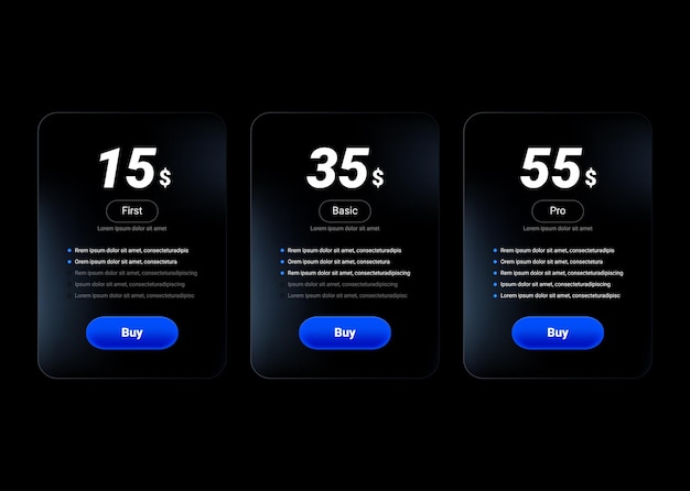 Pricing table with glass effect and blue button. or price list for websites and applications. Vector