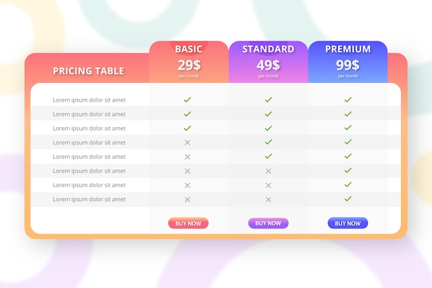 Vector pricing tables web element free