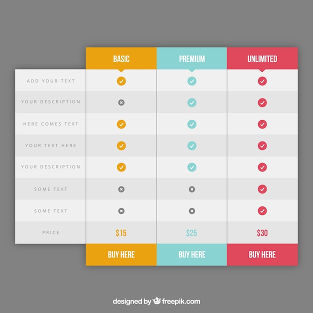 Vector pricing tables web element