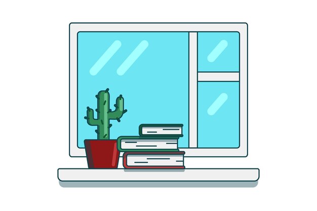 A prickly cactus in a pot and a stack of books on the windowsill near the window Flat style
