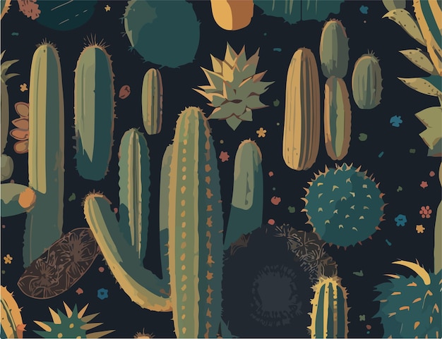 Prickly Plants in Flat Vector Seamless Backgrounds