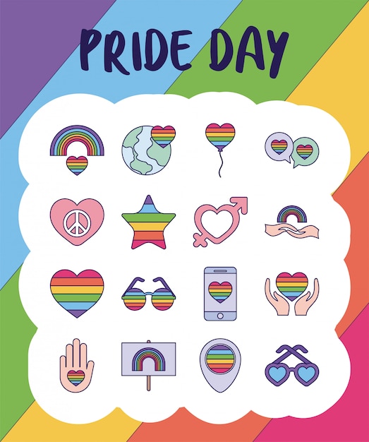 Pride day and lgtbi fill style icon set